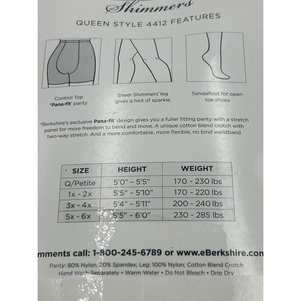 Berkshire Shimmers Queen Pantyhose Candlelight 4412 Control Top Sandalfoot 5x-6x - Picture 5 of 5